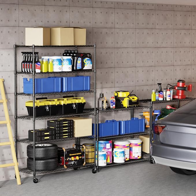 BestOffice Storage Shelves 6 Tier Metal Shelves Adjustable Heavy Duty Garage Shelving Wire Shelving Unit Capacity 6000LBS with Wheels for Kitchen, Garage Pantry Closet Commercial,Black