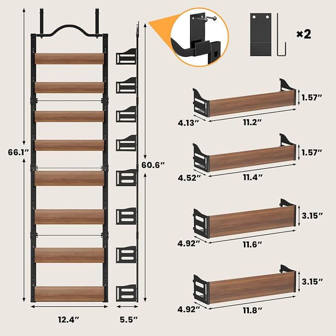 8-Tier Pantry Door Organizer, Over the Door Pantry Organizer with Wooden Adjustable Baskets, 2 IN 1 Spice Rack Wall Mount or Door Organizer, Door Spice Rack（12.4"W x 5.5"D x 66.1"H,1 Pack, Black)