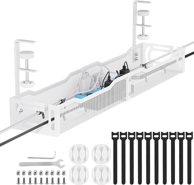 Cable Management, 25'' Cable Management Under Desk, Cable Tray | No Drill Under Desk Cable Management Tray, Cord Organizer with Clamp for Standing Desk, Desk Organizer for Home Office