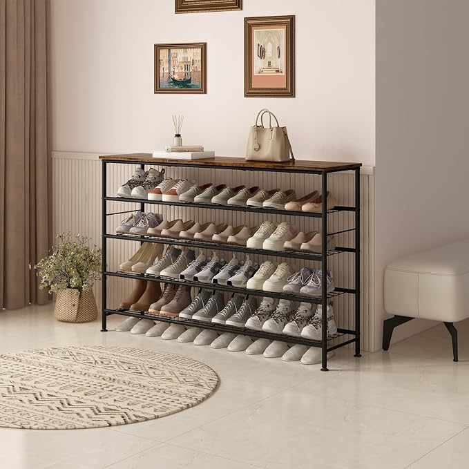 SUOERNUO 5 Tier Extra Long Shoe Rack Organizer Storage for Closet Entryway | Large Capacity Shelf,MDF Top Board,Sturdy Metal Frame,Ideal for Living Room,Hallway Black