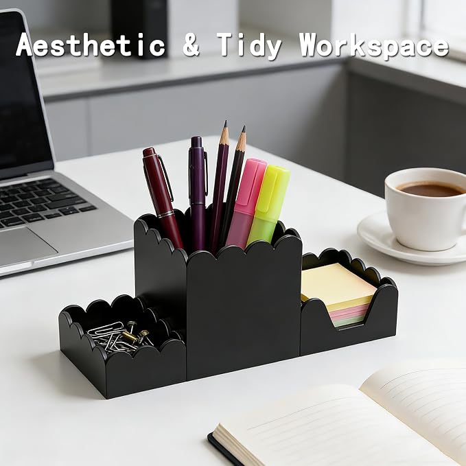 Acrylic Desk Organizer Set of 3, Magnetic Modular Pen Holder with Sticky Note & Paperclip Tray,Black Aesthetic Desk Accessories for Home Office, Desk Decor for Women Men, Small Space Office Supplies