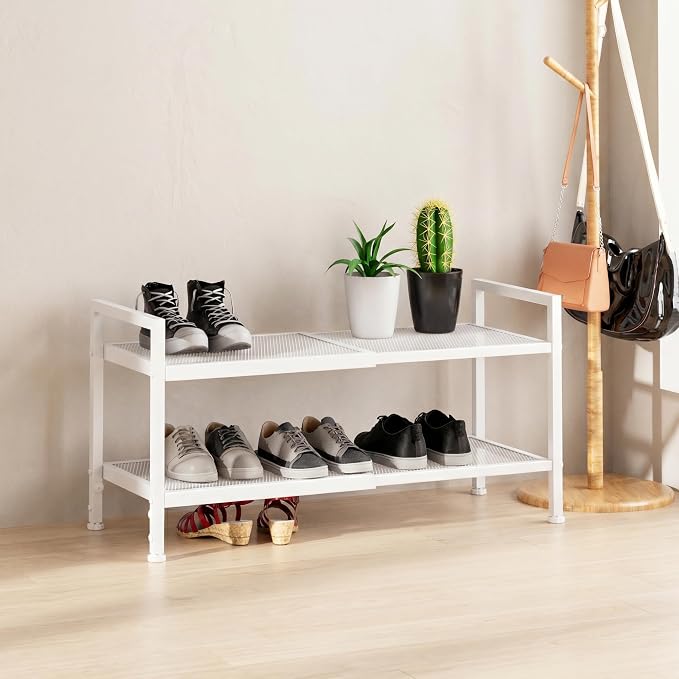 Shoe Rack, Expandable Shoe Rack for Closet, Adjustable Shoe Organizer for Entryway, Shoe Storage Organizer for Door Entrance, Garage, Bedroom (White, 2-Tier)