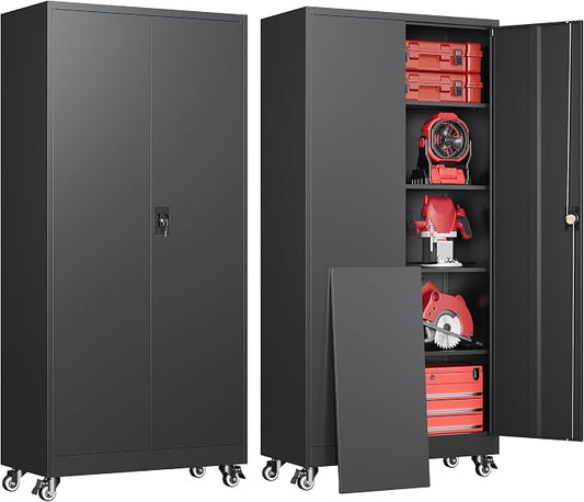 Metal Garage Storage Cabinets with Wheels, Rolling Tool Cabinet with Lock, Locking Garage Caninet on Wheels with Shelves, Steel 2 Door Tall Tool Cabnets for Workshop/Home/Office - (Black 75”H)