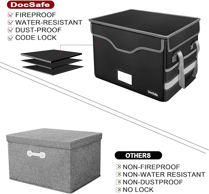 DocSafe Fireproof Document Box with Lock, File Storage Organizer with Mesh Pockets, Collapsible Portable File Box Home Office Safe Filing Cabinet with Handle for Hanging Letter/Legal Folder, Black