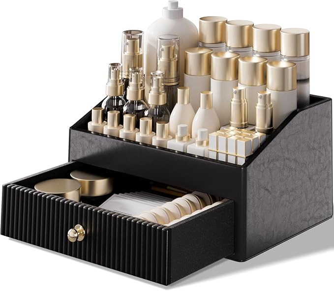 LADSTAG Vanity Organizer,Leather Skin Organizers with 1 Drawer&Tray,Large Capacity Black Vanity Organizers and Storage for Lipstick,Bedroom,Bathroom,Mothers Day Gifts,Gift for Women