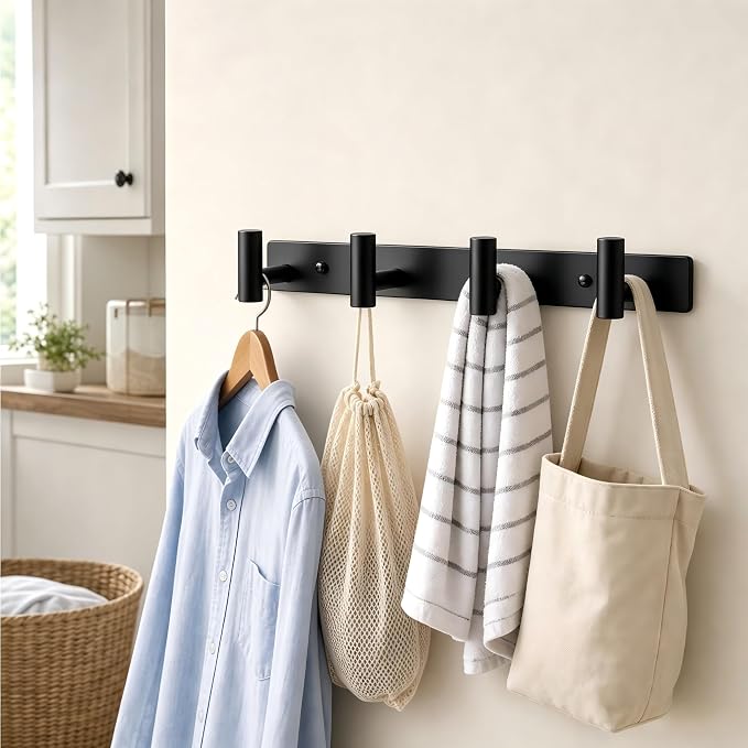 Coat Rack Wall Mounted-4 Hooks, Heavy Duty Stainless Steel Wall Hooks for Towel Coat Bag, Hat Rack Coat Hanger Coat Hooks Towel Racks for Bathroom Entryway Kitchen Hotel (Black, 2 Packs)