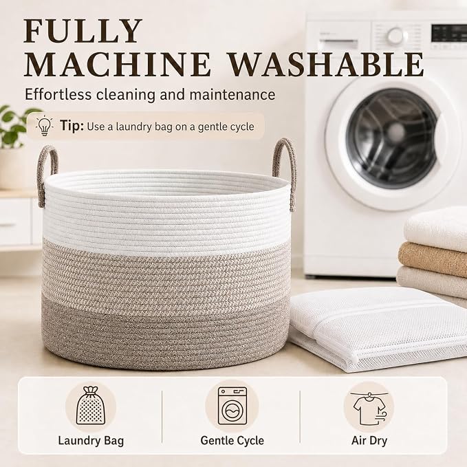 JMvicyroam 115L Extra Large Machine Washable Cotton Rope Blanket Basket | Collapsible laundry hamper, Reinforced handles, For blankets,pillows,toys and clothes, Living room and bedroom,White&BrownMix