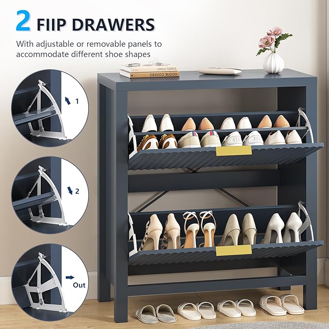 Fluted Shoe Cabinet Storage with 2 Flip Drawers for Entryway, Hallway | Narrow Shoe Rack Freestanding Shoe Organizer with Legs for Entryway，Hallway, Blue