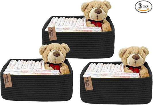 COMFY-HOMI 13" x 8.5" x 5.1" Storage Baskets for Organizing | Cotton Rope Woven Basket | Toy Storage Bin Box | Basket for Shelves, Closet Organizer Bin, Decorative Closet Shelf, 3 Pack