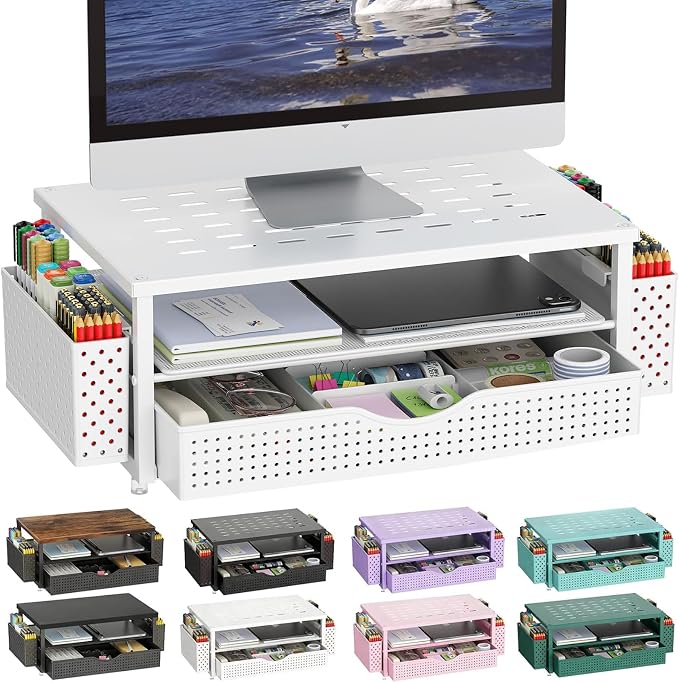 gianotter Desk Organizers and Accessories, Monitor Stand with Drawer and 2 Pen Holder, Desktop Organizer Suitable for Offices and Dormitories (White)