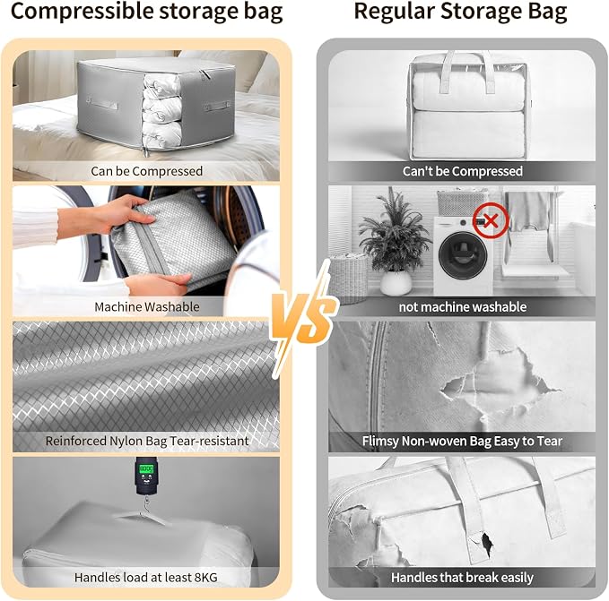 6 Pack Upgrade Comforter Storage Bag with Handle, Space Saving 3-Layer Adjustable In 3 Sizes (142L, 107L, 71L), Compression Blanket Storage Bags, Washable Bedding Organizer For Pillow Duvet Clothing