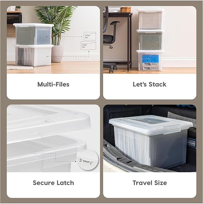 IRIS USA File Box, Plastic File Organizer with Lids for Letter/Legal File, Portable Document Box For Moving, Storage Bin with Durable and Secure Lid, Stackable Nestable BPA-Free, Clear 35 Qt. 8 Pack | Portable Moving Box, Stackable and Secure Storage, ...