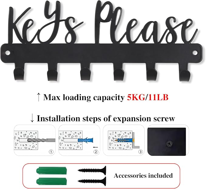 Keys Please Key Holder Wall Mounted, Mini Size: 7.28x2.95inch | Black Metal Decorative Rack Hooks for Garage,Mudroom,Hallway,Entryway,Front Door,Office