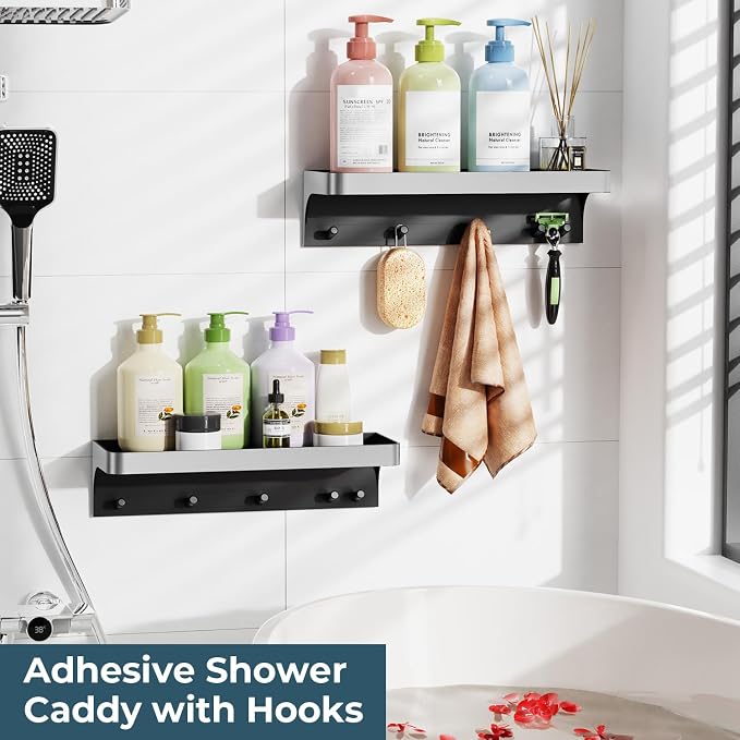 2 Pack Shower Caddy Adhesive with 5 Hooks & Drainage, No-Drill, Silver | Plastic Wall Bathroom Shelf Rack Organizer, Inside Shower Storage Holder for Bath Accessories, Rustproof Bathroom Shelves