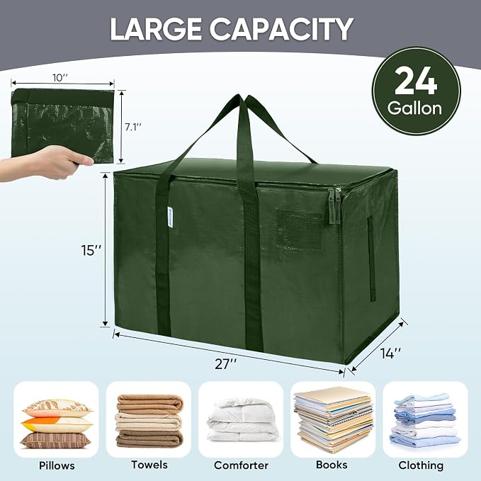 TICONN 2 Pack Extra Large Moving Bags Heavy Duty with Zippers & Carrying Handles, Durable Storage Bags Moving Boxes for Closet Organizers and Storage (2 Pack, Olive)