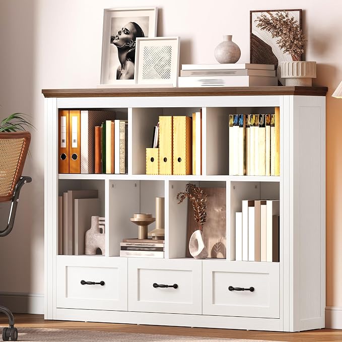 10 Cube Bookshelf Set of 2, Wooden Cubby Storage Organizer, Farmhouse Short Bookcase, Cube Shelf Bookcase with 3 Drawers, 3 Tiers Floorstanding Open Bookshelf, White and Walnut