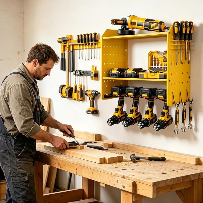 Power Tool Organizer Wall Mount, Garage Drill Storage Shelf with Hooks, Heavy Duty Metal Premium Garage Tool Shelf,Cordless Tool Storage Rack for Garage, Tool Room,Yellow