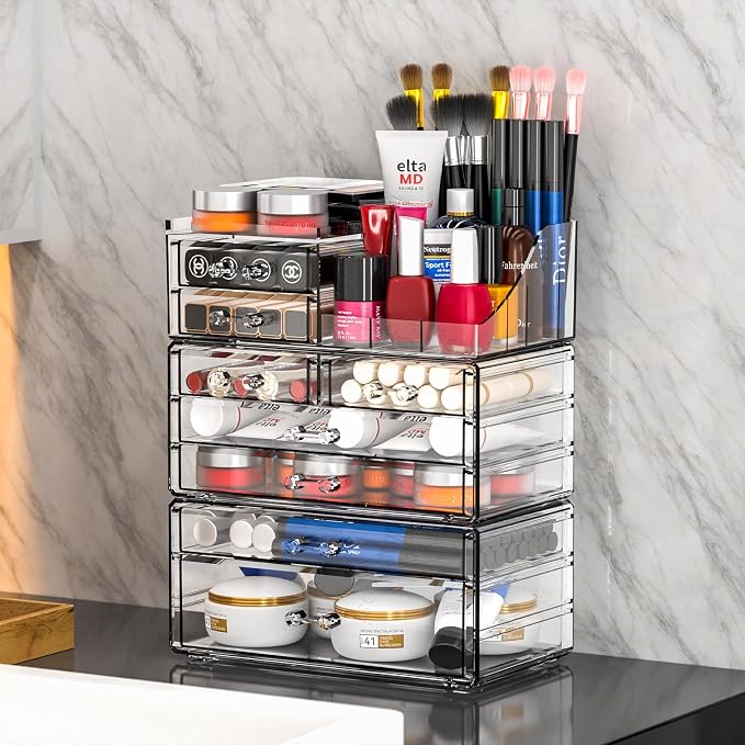 Acrylic Clear Make up Organizers And Storage for Vanity,Bathroom Skincare Organizer With 8 Drawer for Dresser,Plastic Desk Accessories Organization,Cosmetic Organizer Countertop for Beauty,Skin Care