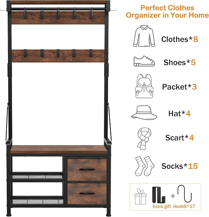 Hall Tree with Bench and Shoe Storage, 31.5” Coat Rack Freestanding | Rustic Brown, 5 in 1 Intelligent Design, 17 Hooks, 2 Drawers, Handy Clothes Rail