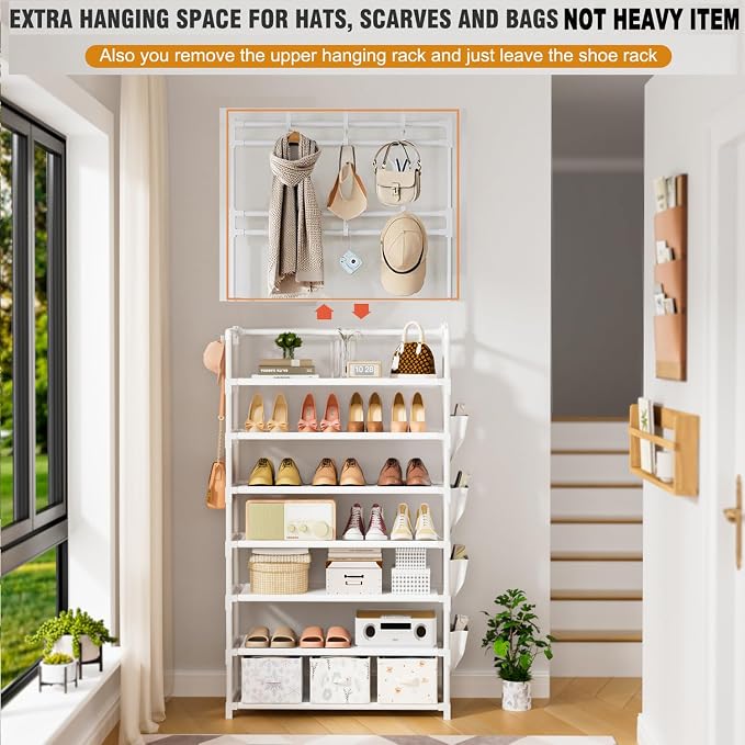 Shoe Rack 7 Tier Shoe Organizer Storage 21-28 Pairs | Closet Shoes Rack for Front Door Entrance Shoe Rack Organizer with Hooks Side Pocket Entryway Large Capacity Shoe Shelf Tower