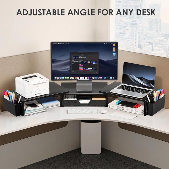 OPNICE Desk Organizers and Accessories, Dual Monitor Stand Riser with Drawer and 2 Pen Holders, Desk Shelf Computer Racks for Office Workspace Organizers, Desktop Organization (Black)
