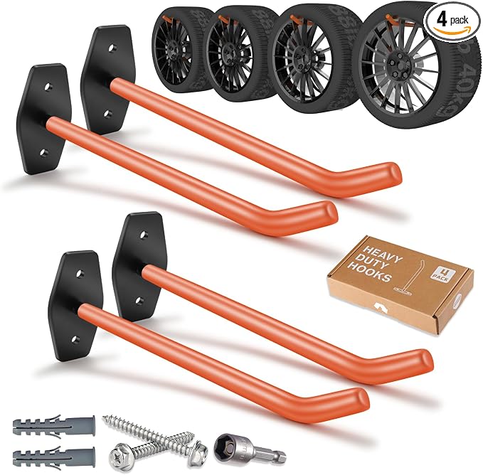 10 inch Garage Hooks Heavy Duty, Tire Wall Mount, Wheel Hanger | 4 Pack Large Ladder Hooks, Single Hanging Holder for Car Rims, Heavy Tools, Chairs and Bulky Tools, Rubber Coated | 88lbs