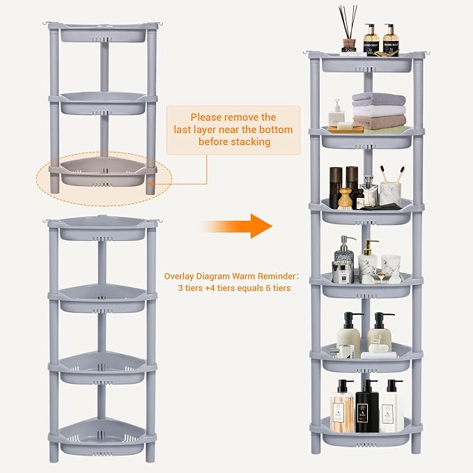 ELYKEN Corner Shower Caddy Standing, 3 Tier Plastic Shower Organizer, Grey | Rustproof Plastic Shower Shelves with Hook for Storing Bath Essentials in Bathroom corner, Bathtub