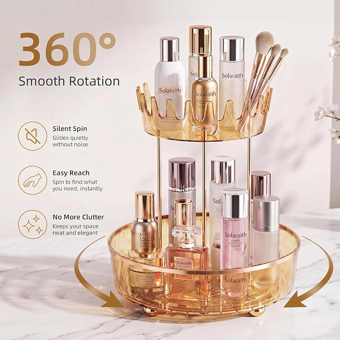 2 Tier Rotating Makeup Organizer for Vanity, Clear Bathroom Counter Organizer, Skincare Organizer and Perfume Organizer, Countertop Cosmetic Storage for Cabinet, Pantry and Kitchen (Gold)