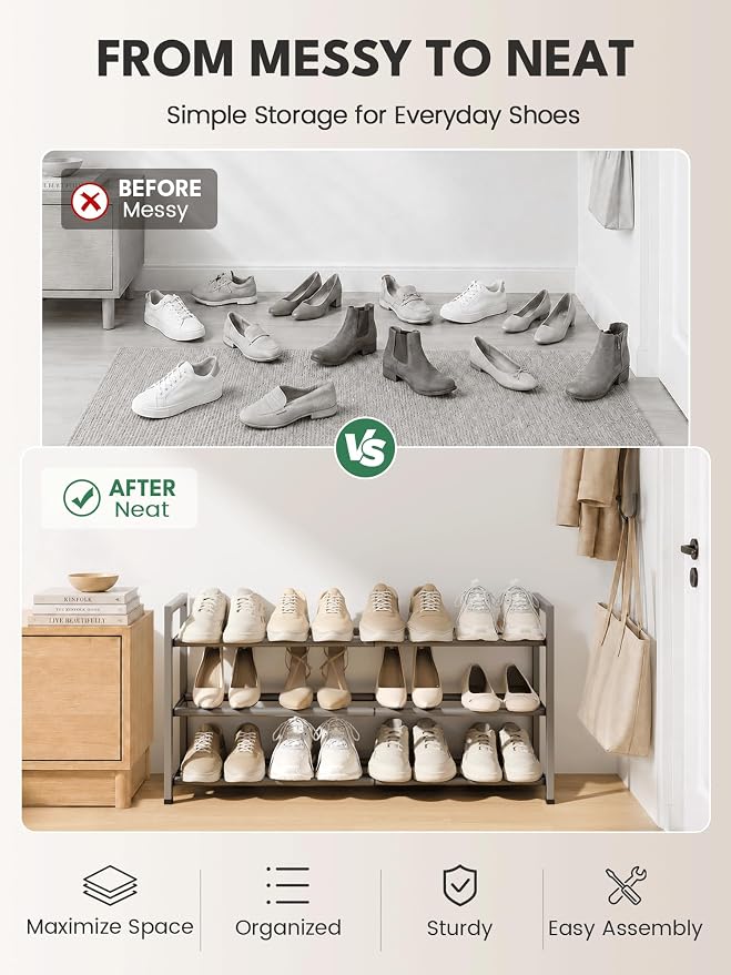 Bumusty 3 Tier Expandable Shoe Rack for Closet, Light Grey | 18"-33" Adjustable Shoe Rack for Entryway, Small Shoe Organizer for Dorm, Front Door, Sturdy Metal
