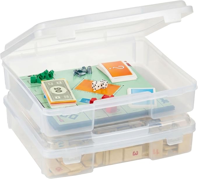 IRIS USA Board Game Storage |Made in USA| Thick Craft Case (2-Pack) - Clear | Fits 8.5" x 11" & A4 Paper, Organizers with Built-In Handle & Snap-Tight Lids, Containers for Puzzles, Art & Scrapbooking