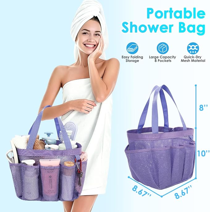 Fammart Mesh Shower Caddy Portable for College Dorm Room Essentials, Odorless Polyester Large Shower Tote Bag with Dual Handles, 8-Pocket Quick-Dry Toiletry Organizer for Travel, Beach, Camping, Gym
