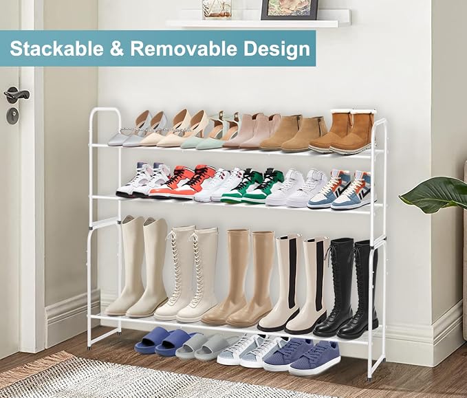 AOODA Long 2 Tier Shoe Rack for Closet Metal Wide Stackable Shoe Storage Organizer for Entryway, Bedroom, Floor, 18-Pairs Low Sneaker Shelf, White