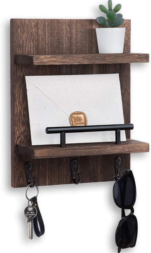 Key Holder Wall Mount, Mail Shelf Decor with 3 Key Hooks, Versatile Wood Wall Organizer for Entryway Hallway (8.2” x 10.6”x 3.6”) (Brown)