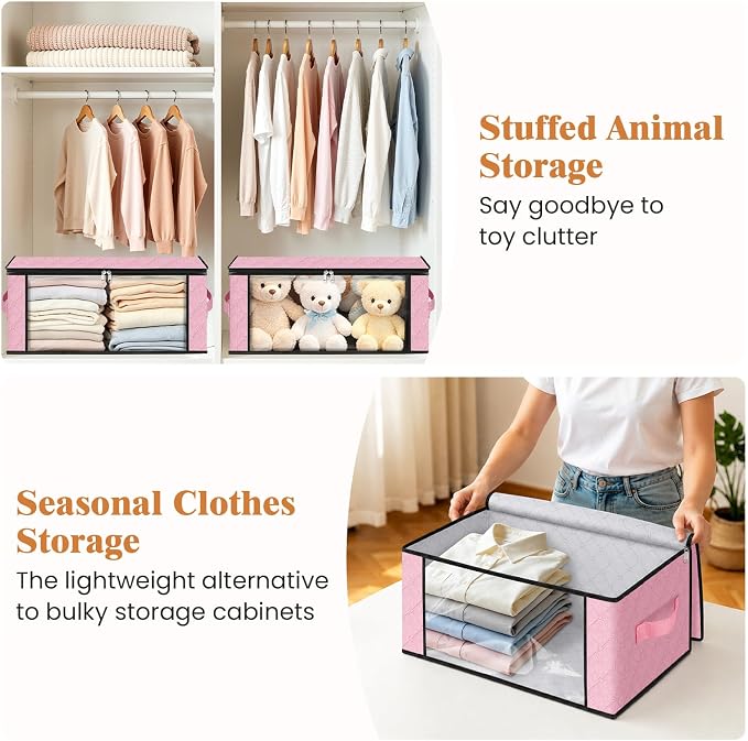 Fab totes 35L Closet Organizers and Storage, Foldable Under Bed Storage Containers, Storage bags for Organizing Bedroom, Closet, Clothing,Organization with Handle (10 Pack,Pink)