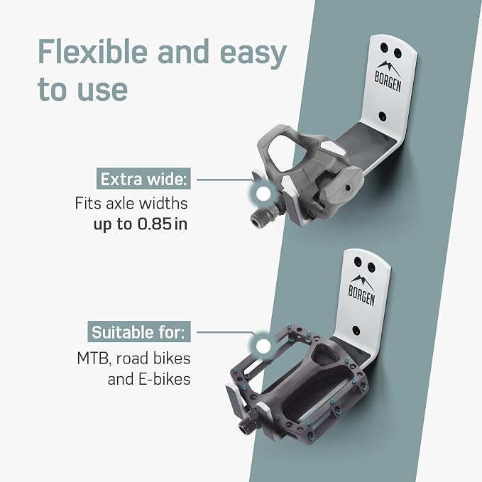 Borgen Bike Wall Mount Pedal Hook for E-Bikes, MTB & Road - Bicycle Wall Mount with Support Brackets and Wall Protection Pads, Suitable as Bike Rack Garage Bike Storage Shed and Bicycle Storage Indoor
