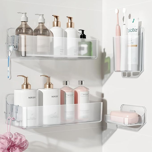 Nieifi Adhesive Shower Shelves, Clear, 4 Pieces | Rustproof ABS, Large Capacity, Removable Design, Easy-Clean, No Drilling Shower Organizer for Bathroom Storage & Home Decor