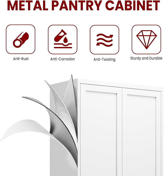 AQY Metal Pantry Cabinet, 72" White Kitchen Storage Cabinet with Doors | 5 Adjustable Shelves • Ventilated Metal Cabinet • Hanging Hooks • Freestanding Kitchen Storage