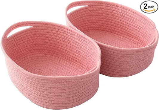 JMvicyroam Small Woven Basket, Empty Gift Basket, Pink/2 Pack | Small Gift Basket, Cotton Rope, 12 x 8 x 43 in, Handles, Includes Ribbon and Bag, Birthday Gift Basket
