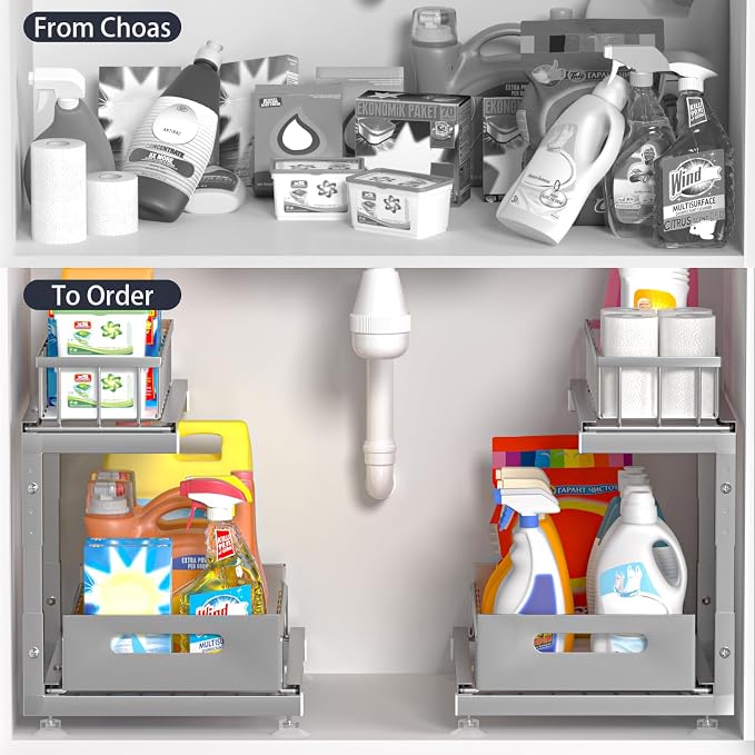 2-Pack L-Shaped Under Sink Organizer, 2-Tier Pull-out Cabinet Rack | Grey Height-Adjustable Metal Rack, Sliding Grid Drawers with Safety Stopper, Holds 100 Lbs, Ideal Kitchen Cabinet Storage