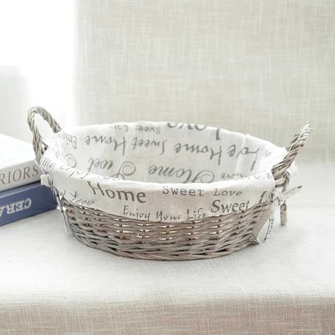 Round Wicker Storage Basket, Natural Handwoven Willow Rattan Basket with Cloth Liner & Sturdy Handles, Farmhouse Decor Bread Fruit Organizer for Kitchen Counter, Pantry