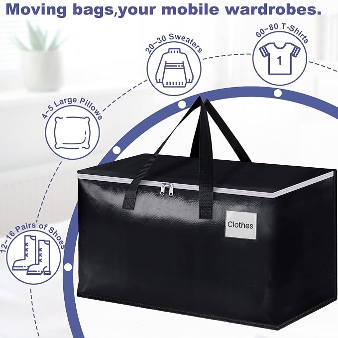 StorageRight Heavy Duty Moving Boxes-Moving Bags with Zipper, Reinforced Handles and Tag Pocket-Collapsible Moving Supplies-Totes for Storage Great for moving, Storage and Travel 93L(Black-8 Pack)