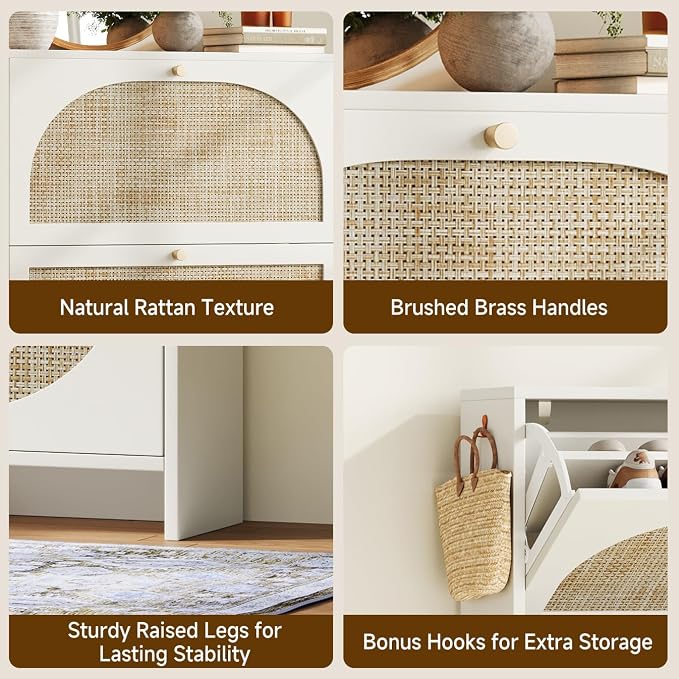 Nicetree Shoe Cabinet Storage for Entryway Slim 9.5" Freestanding Floor Base Shoe Storage Cabinet, 2 Flip Drawers with 3-Position Adjustable Divider, Holds 16-24 Pairs, Cream White