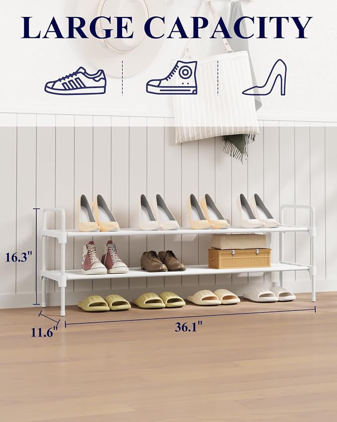 Kitsure Long Shoe Rack for Closet, 36.1" Wide - 2 Tiers, White | Shoe Organizer for Front Door Entrance, Stackable Shoe Shelf, Closet Organizers and Storage