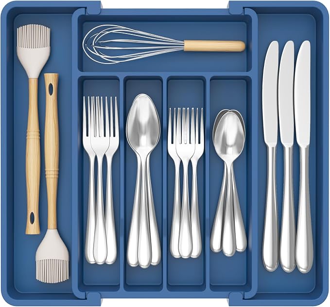 Lifewit Silverware Drawer Organizer, Expandable Utensil Tray for Kitchen, BPA Free Flatware and Cutlery Holder, Adjustable Plastic Storage for Spoons Forks Knives, 8.5"-14.1" x 12.1", Dark Blue