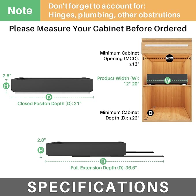 4 Pack Pull out Cabinet Organizer, Expandable(12"-20") Heavy Duty Slide out Drawer Fixed with Adhesive Nano Film for Pots, Roll out Shelf Storage for Kitchen Organization, Pantry, Bathroom(Black)