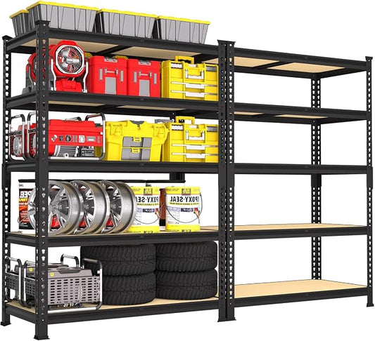 PrimeZone 5-Tier Garage Storage Shelves, Adjustable Metal Shelving, Black | 35.5" x 12" x 72", Heavy-Duty Metal Frame & Connectors, FSC MDF Boards, 2000 LBS Storage for Garage, Pantry & Closet, 2 PCS