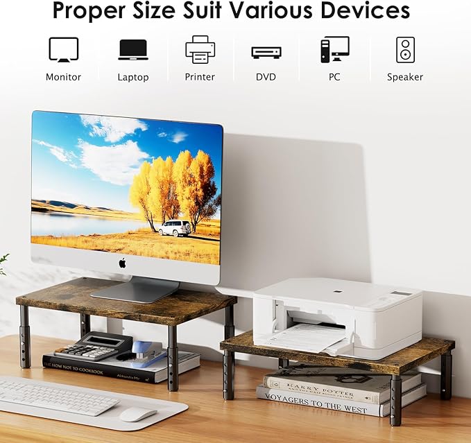 ECOLOVI Adjustable Wood Computer Monitor Stand Riser for Desk, Office Desk Organizer and Accessories for Monitor, Laptop, PC, Printer, Office Desk Accessories Workspace Organizer for Home Office Supplies, Brown 2-Pack