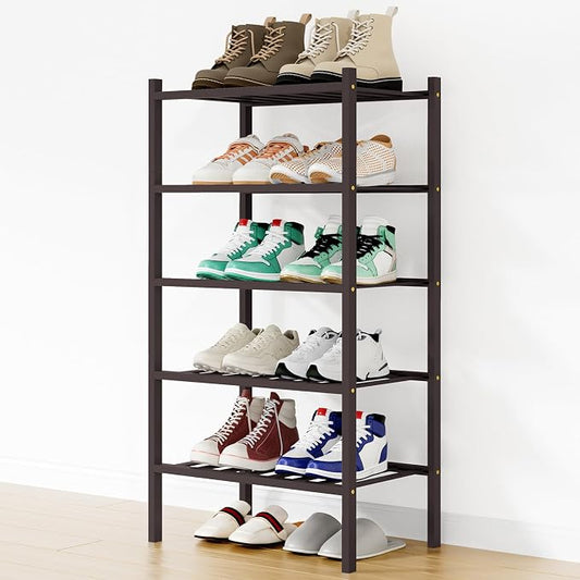 Smiry Bamboo Shoe Rack, 12 Vertical Slats, 5 Tier - 17.3" Wide, Brown | Stackable Free Standing Wooden Shoe Organizer, Wood Shoe Storage Shelf for Closet, Entryway