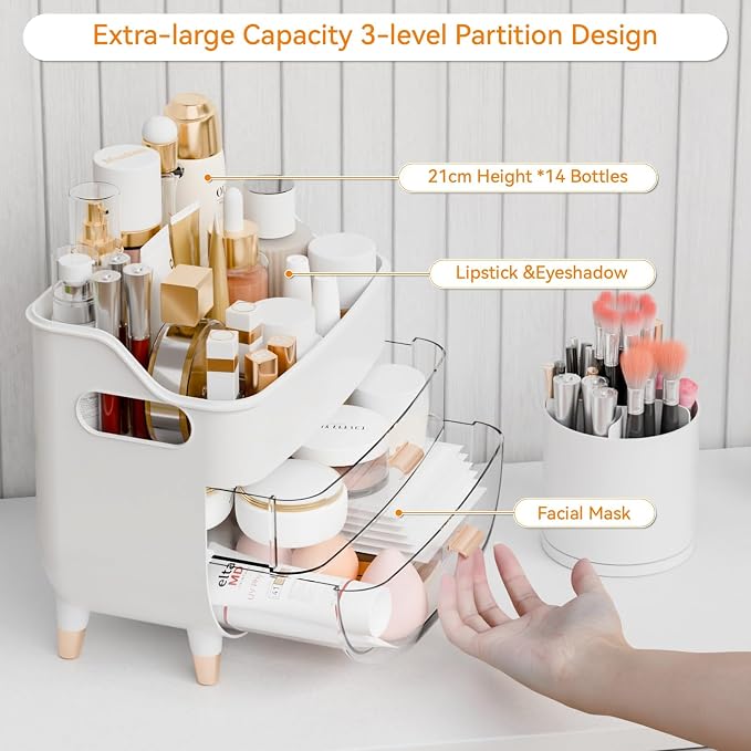 White Make up Organizer for Countertop,Vanity,Large Capacity Bathroom Makeup Skincare Organizers With Brush Holder,Makeup Storage Organizer for Lotion,Beauty Products,Skin Care,Makeup Display