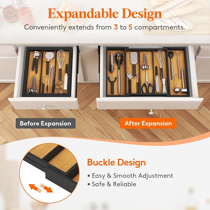 Lifewit Utensil Organizer for Kitchen Drawer, Expandable Cooking Utensil Tray, Cutlery Silverware Flatware Holder, Wood Adjustable Spatula Tools Storage Divider, 33 -56x38cm, Natural and Black